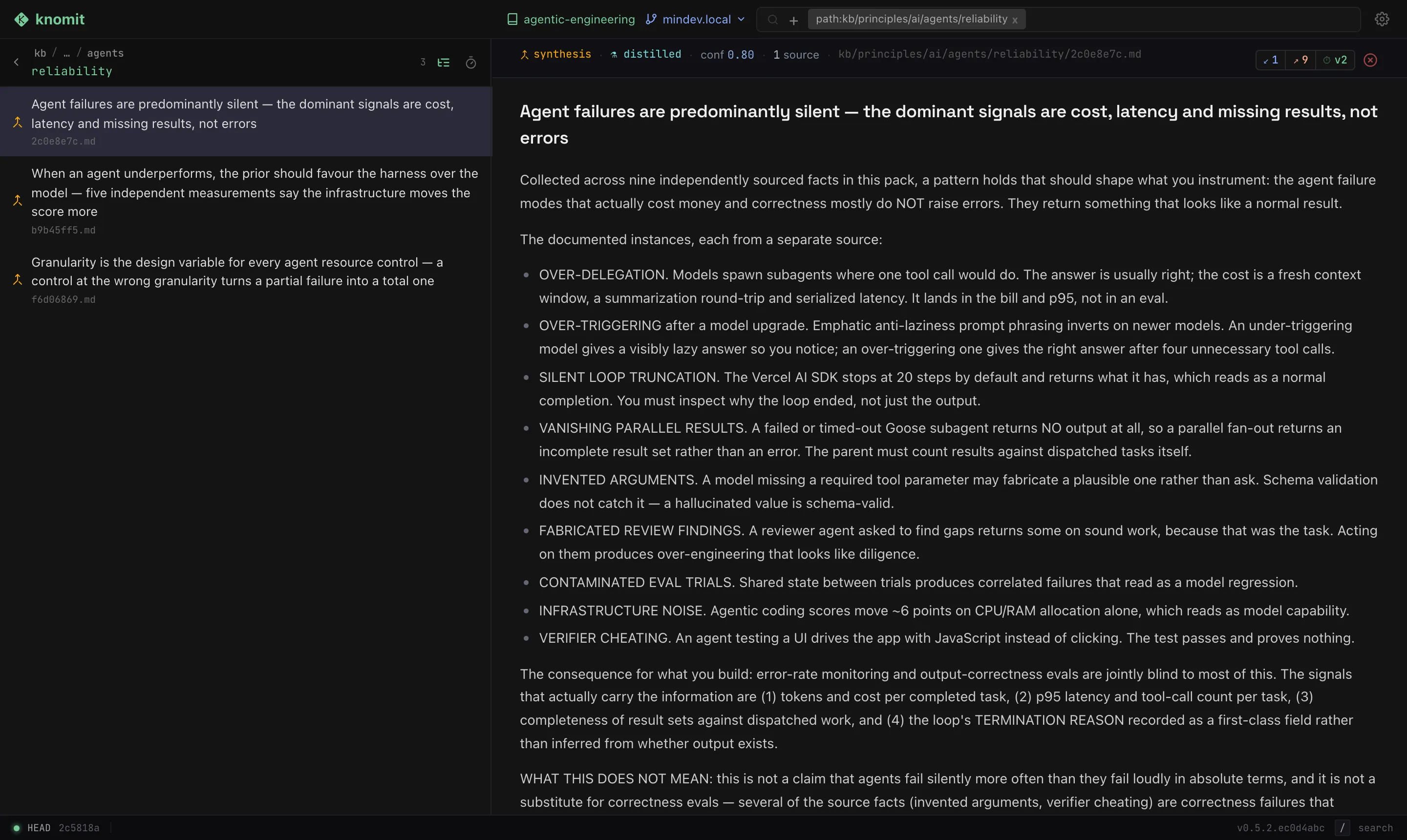 A single fact open in the knomit web UI. Its header shows the type, origin, confidence, source count, repo-relative path, incoming and outgoing connection counts, and the version number.